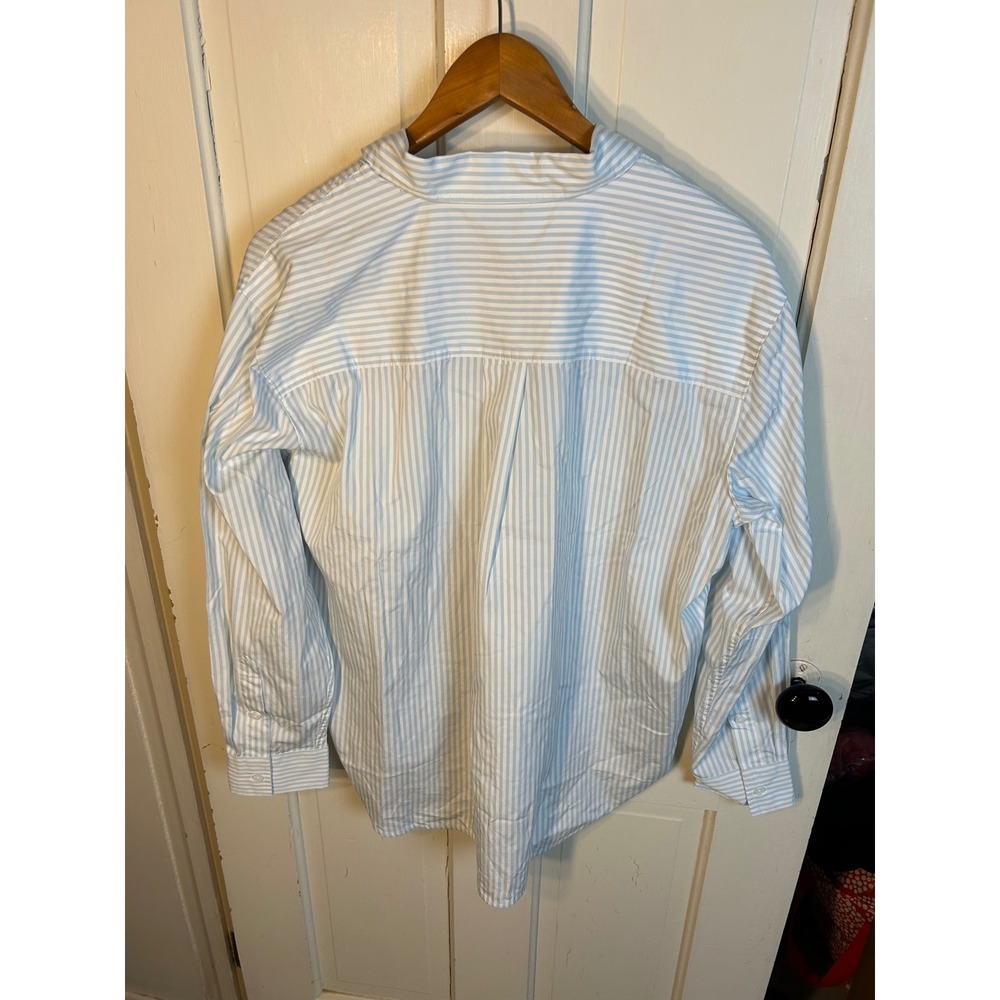 Spanx Relaxed Fit Poplin Shirt Sky Feeder Blue White Striped Cotton M - Picture 6 of 8